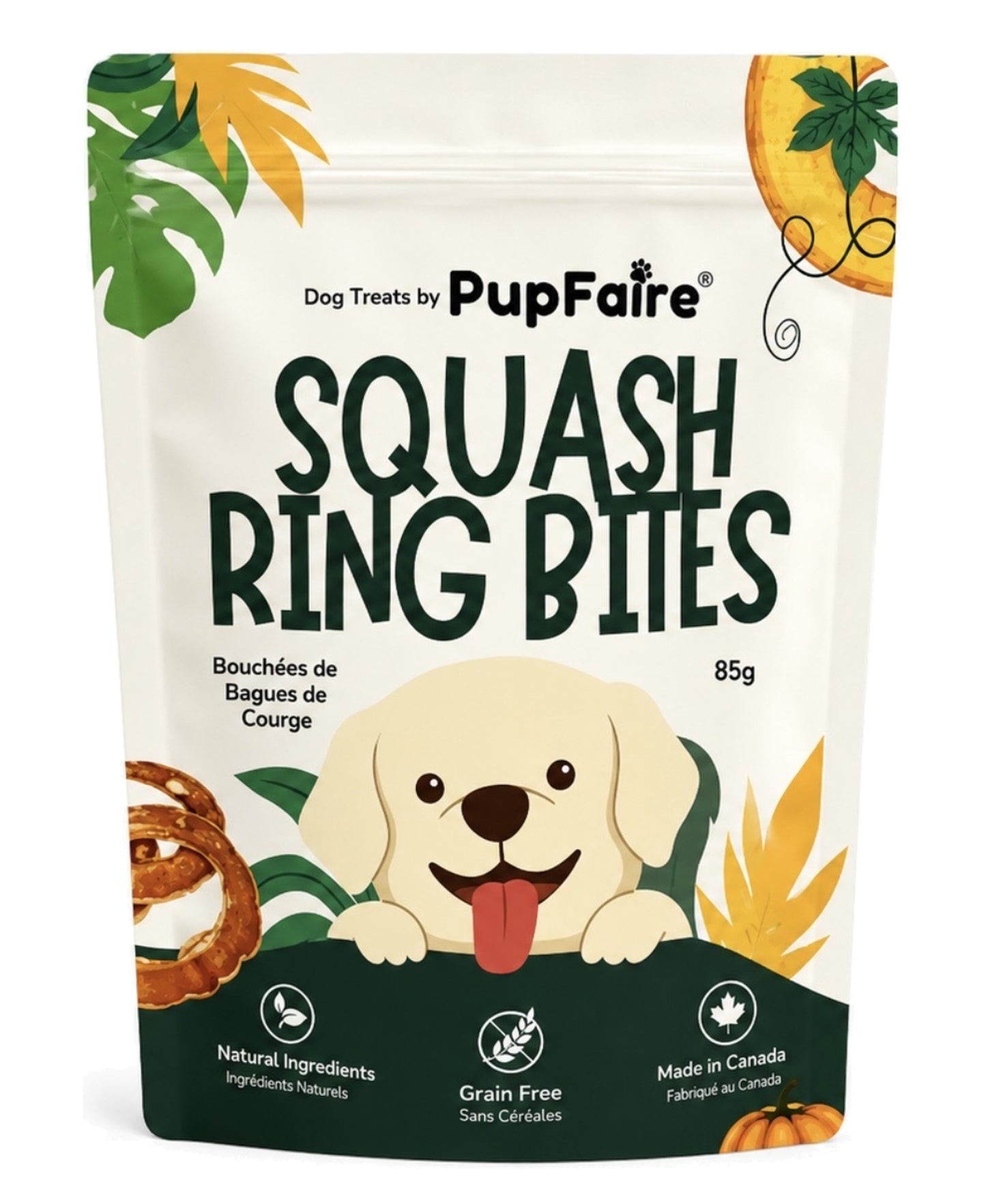 PupFaire Squash Ring Bites dog treats, 85g resealable pouch, front of pack