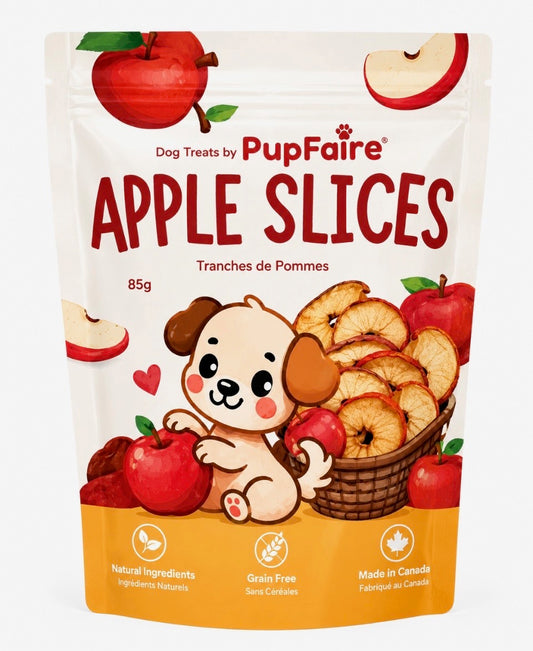 PupFaire Apple Slices dog treats, 85g resealable pouch, front of pack
