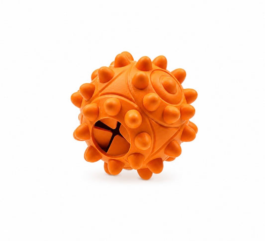 PupFaire Spiky Snack Ball treat-dispensing rubber dog toy in orange